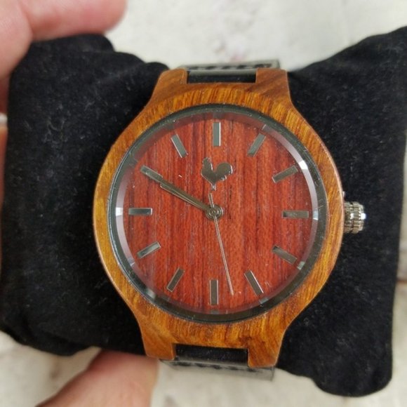 Buttercup Red Wood Watch Black Leather White Rooster Unisex Boho Neutral Classic - Picture 5 of 8